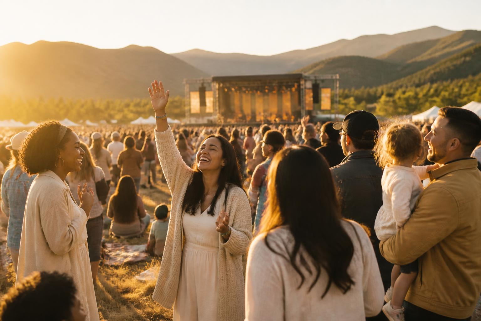 Festival attendees of many ages and backgrounds celebrating together at golden hour