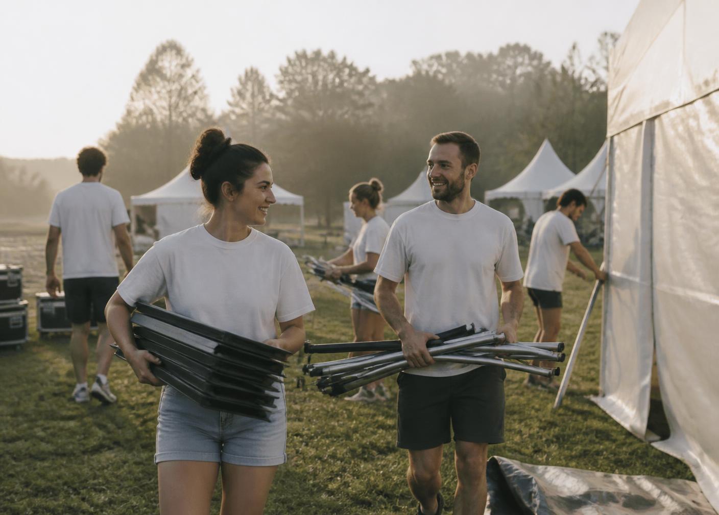 Volunteers in matching shirts preparing the festival grounds before gates open