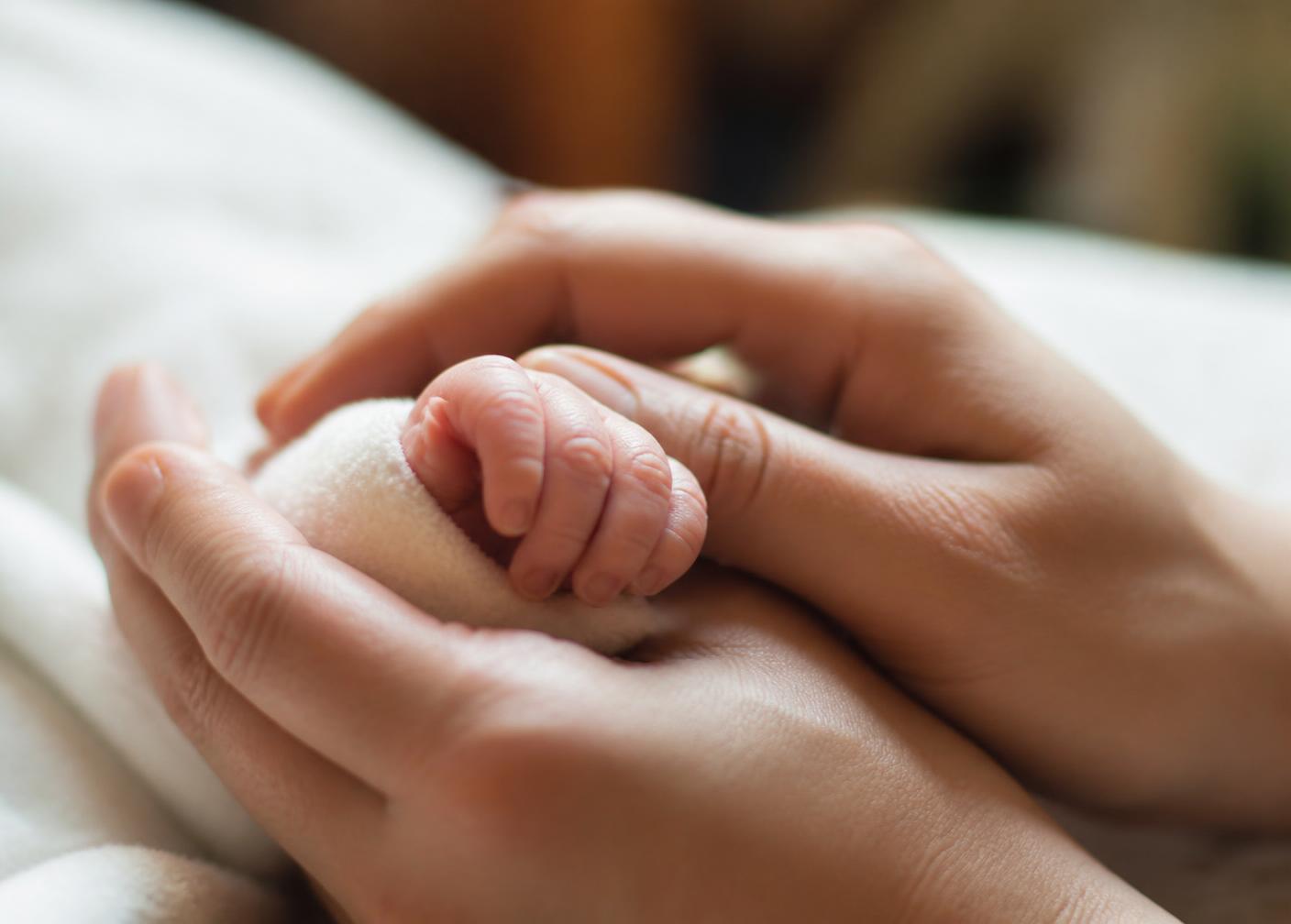 A parent gently holding a newborn's hand in a hospital NICU